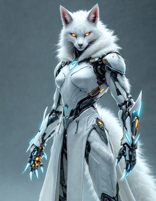 The primary subject of the image is a white, furry creature with a mechanical arm and a blue glow. The creature appears to be a mix of a fox and a robot, with a futuristic and fantastical vibe. The setting is a gray background, which contrasts with the white and blue colors of the creature. The visual style is a combination of digital art and illustration, creating a unique and captivating image. The colors and mood of the image are predominantly blue and white, with a